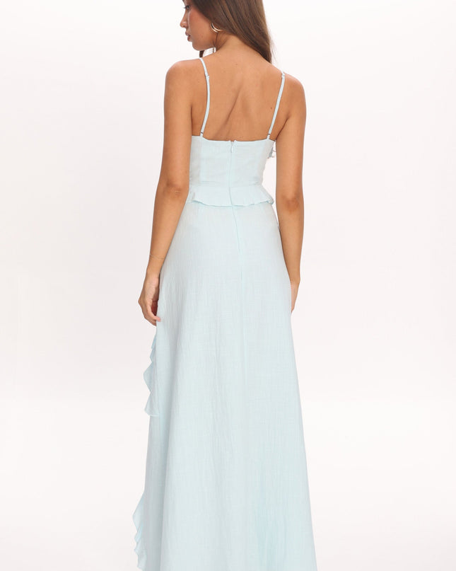 Blue Ruffle Split Maxi Dress