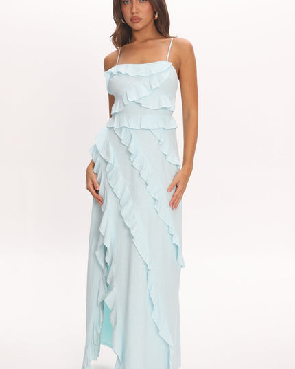 Blue Ruffle Split Maxi Dress