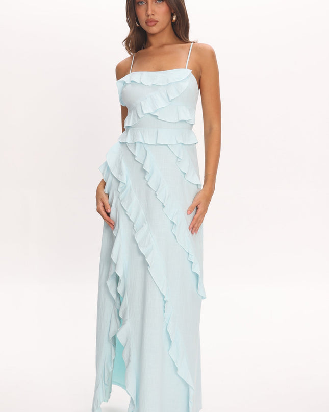 Blue Ruffle Split Maxi Dress