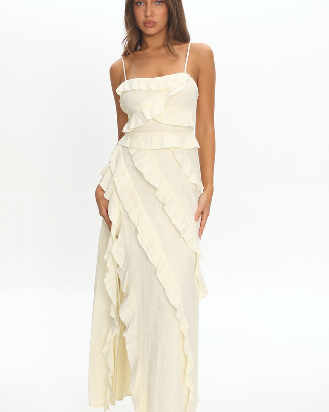 Ivory Ruffle Split Maxi Dress