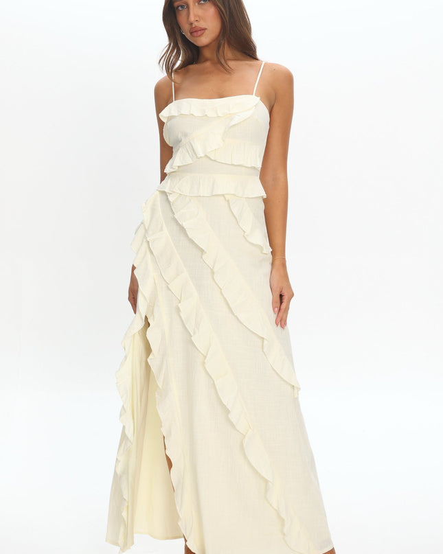 Ivory Ruffle Split Maxi Dress