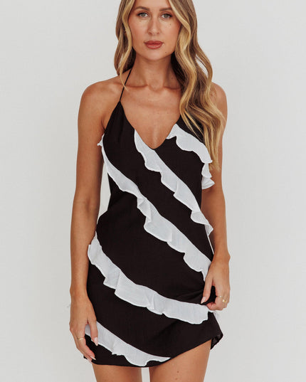 Black Halterneck Contrast Ruffle Mini Dress