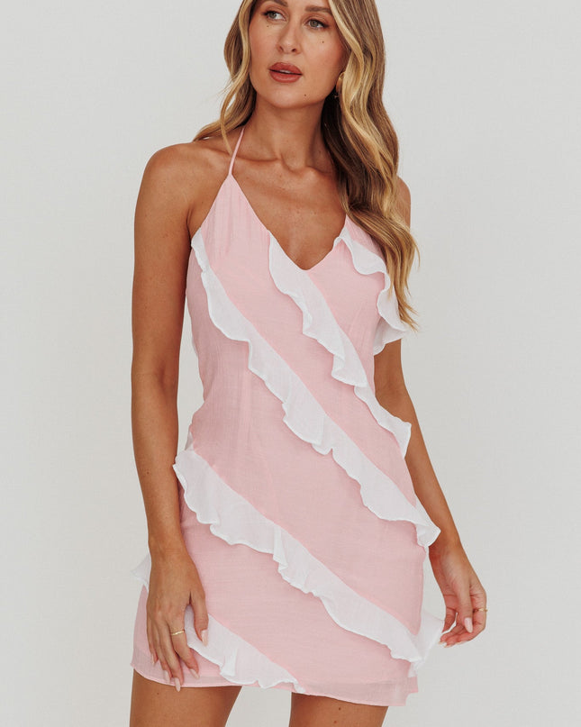 Pink Halterneck Contrast Ruffle Mini Dress