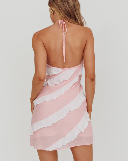 Pink Halterneck Contrast Ruffle Mini Dress