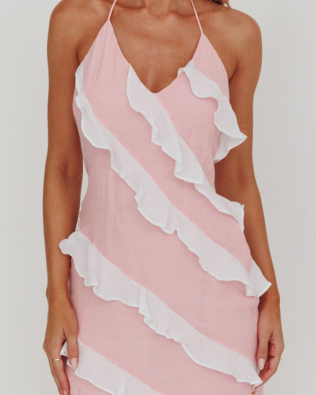 Pink Halterneck Contrast Ruffle Mini Dress