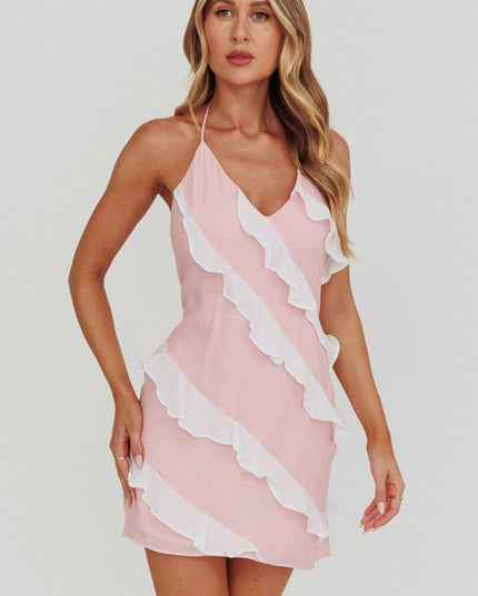 Pink Halterneck Contrast Ruffle Mini Dress