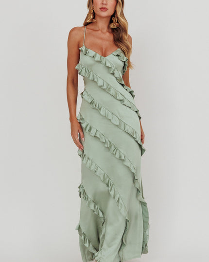 Sage Ruffle Trim Maxi Dress