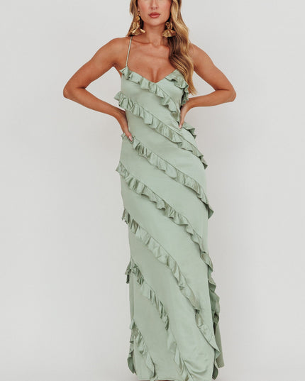 Sage Ruffle Trim Maxi Dress