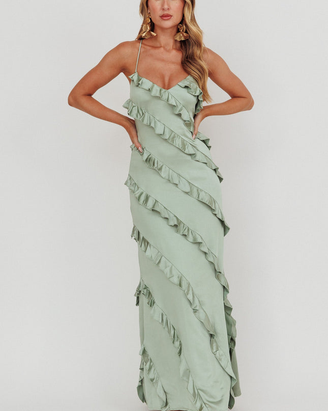 Sage Ruffle Trim Maxi Dress