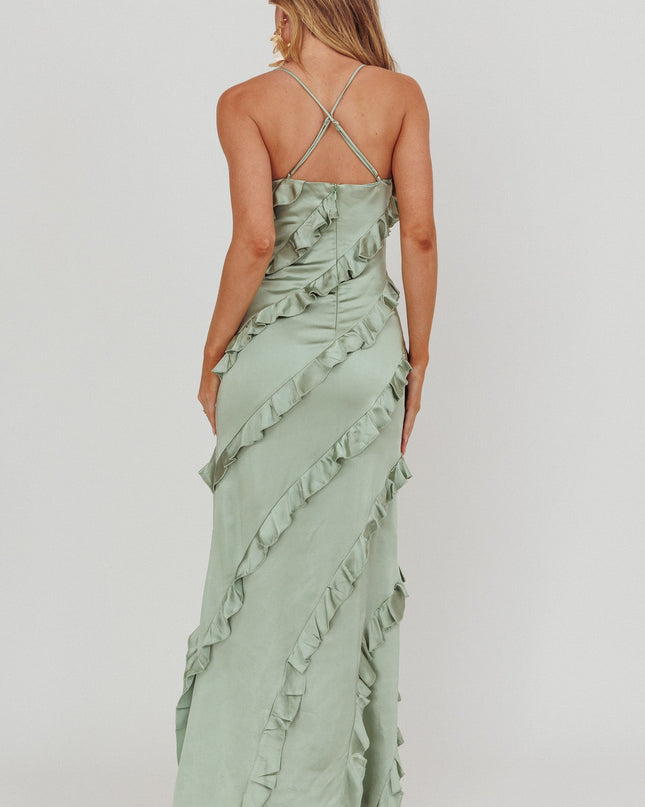 Sage Ruffle Trim Maxi Dress