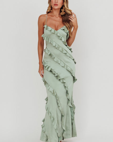 Sage Ruffle Trim Maxi Dress