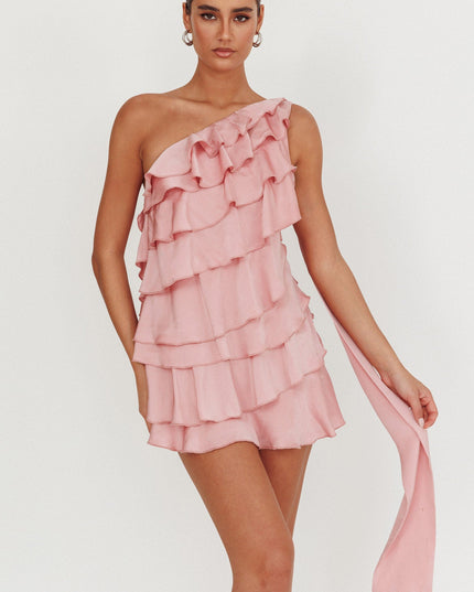 Pink Tiered Ruffle One Shoulder Mini Dress