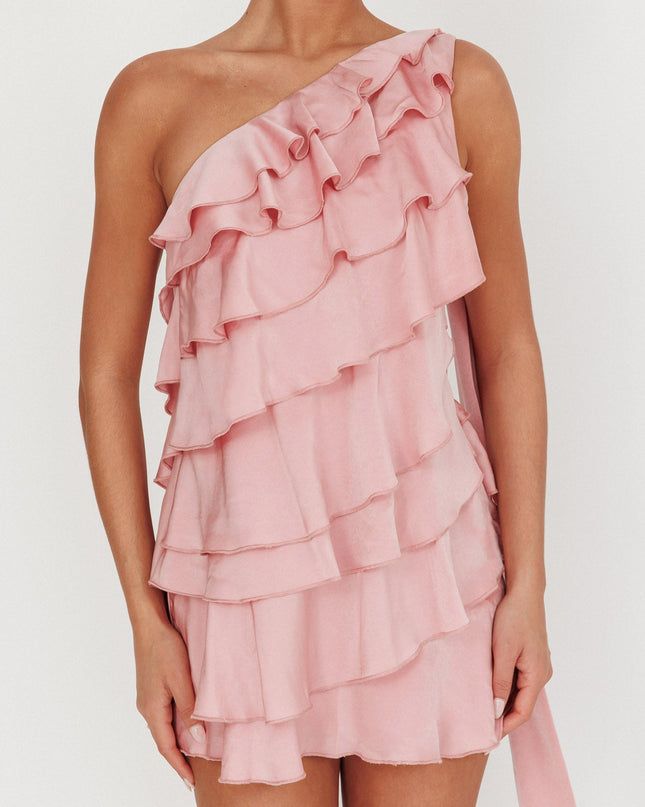 Pink Tiered Ruffle One Shoulder Mini Dress