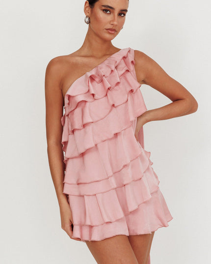 Pink Tiered Ruffle One Shoulder Mini Dress
