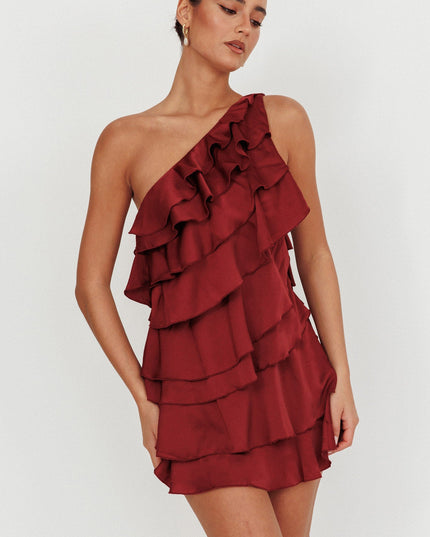 Wine Tiered Ruffle One Shoulder Mini Dress