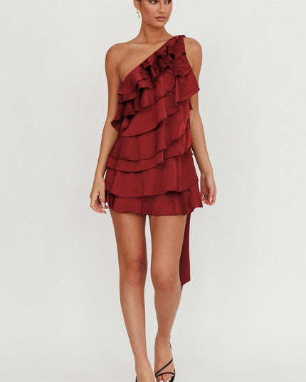 Wine Tiered Ruffle One Shoulder Mini Dress