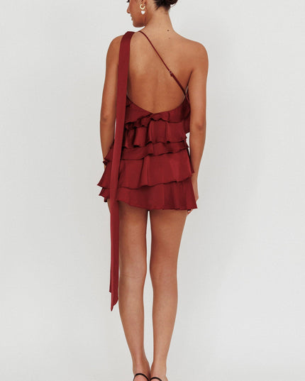 Wine Tiered Ruffle One Shoulder Mini Dress