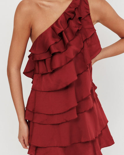 Wine Tiered Ruffle One Shoulder Mini Dress