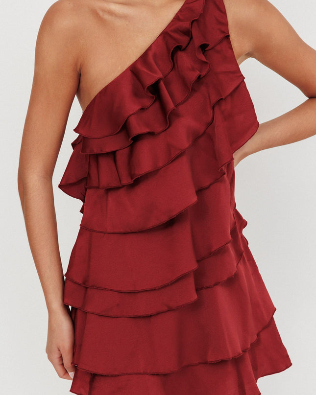 Wine Tiered Ruffle One Shoulder Mini Dress
