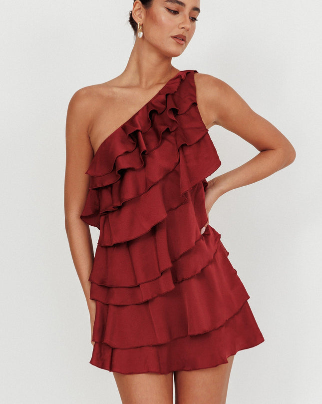Wine Tiered Ruffle One Shoulder Mini Dress