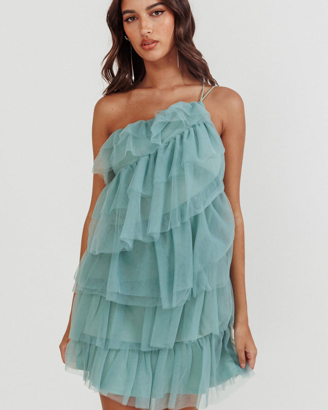 Sage Tiered Ruffle Mesh Mini Dress
