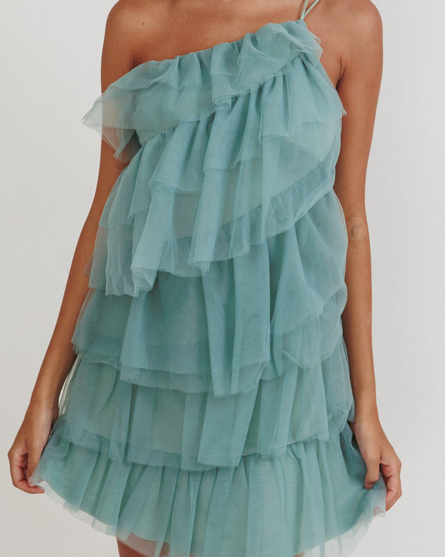 Sage Tiered Ruffle Mesh Mini Dress