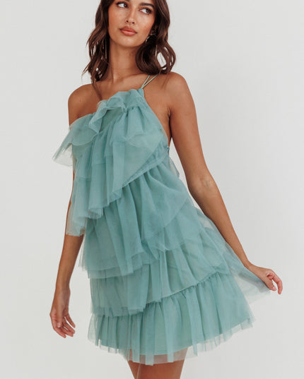 Sage Tiered Ruffle Mesh Mini Dress