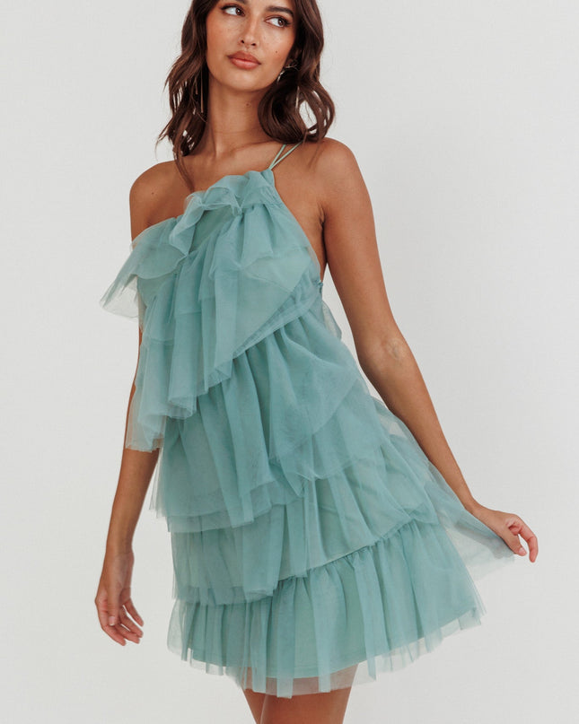 Sage Tiered Ruffle Mesh Mini Dress