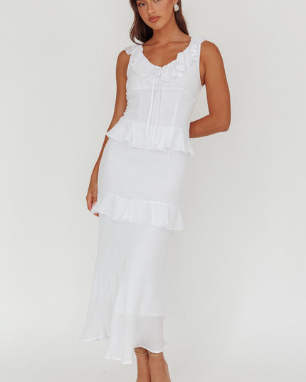 White Ruffle Trim Bust Tie Maxi Dress