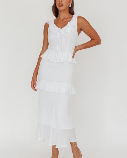 White Ruffle Trim Bust Tie Maxi Dress