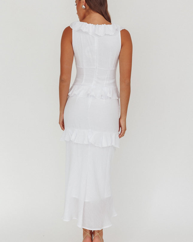 White Ruffle Trim Bust Tie Maxi Dress