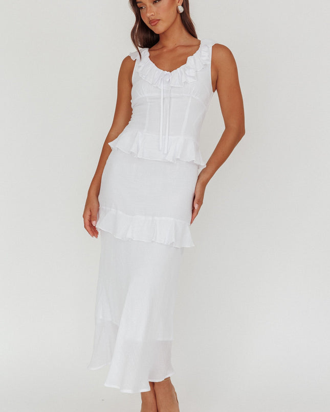 White Ruffle Trim Bust Tie Maxi Dress