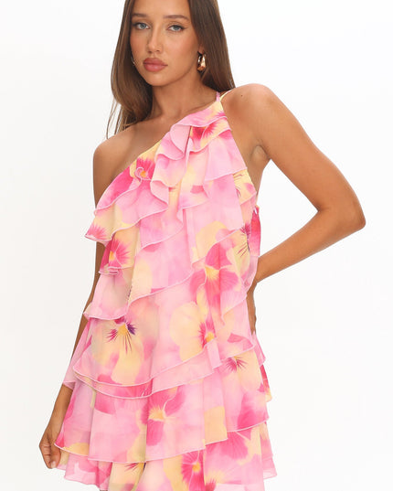 Pink Ruffle Trim One-Shoulder Mini Dress Floral