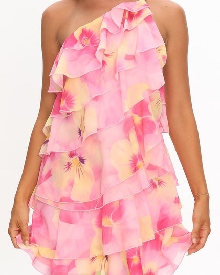 Pink Ruffle Trim One-Shoulder Mini Dress Floral