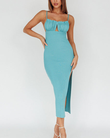 Teal Gathered Bust Knit Midi Dress