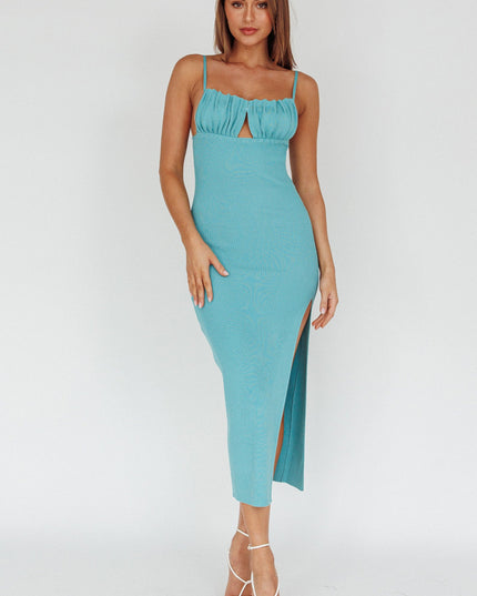 Teal Gathered Bust Knit Midi Dress