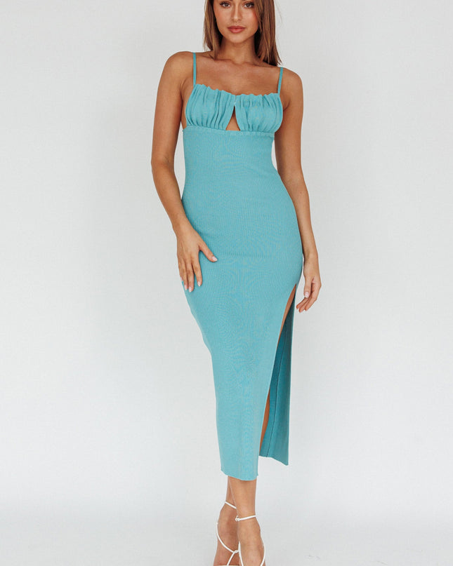 Teal Gathered Bust Knit Midi Dress