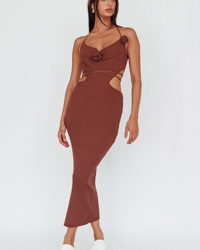Rose Accent Ribbed Knit Midi Dress Coco