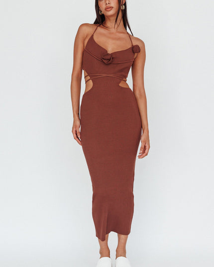 Rose Accent Ribbed Knit Midi Dress Coco