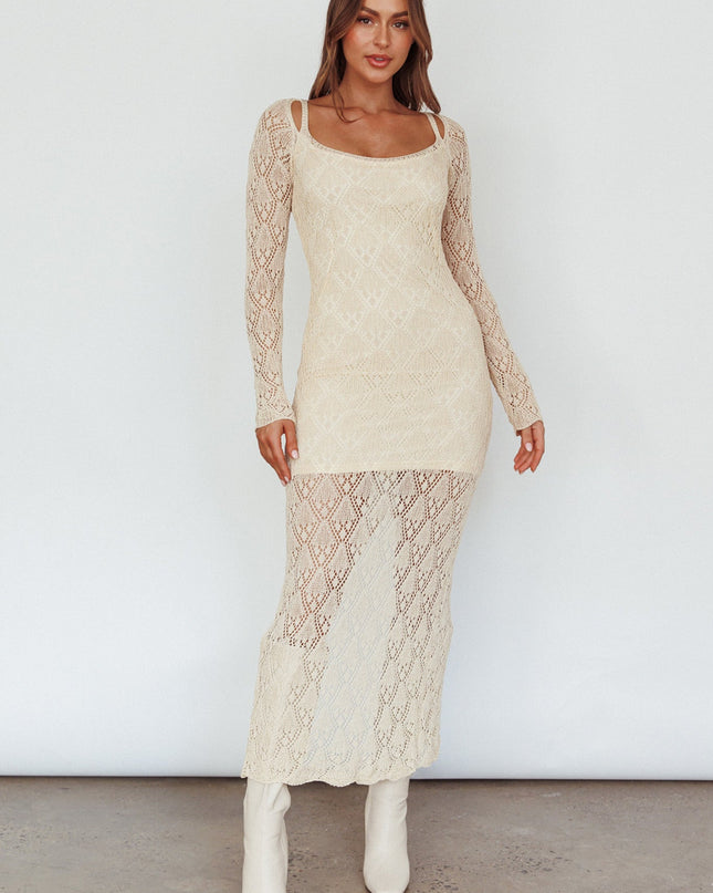 Beige Long Sleeve Crochet Midi Dress