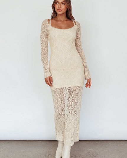 Beige Long Sleeve Crochet Midi Dress