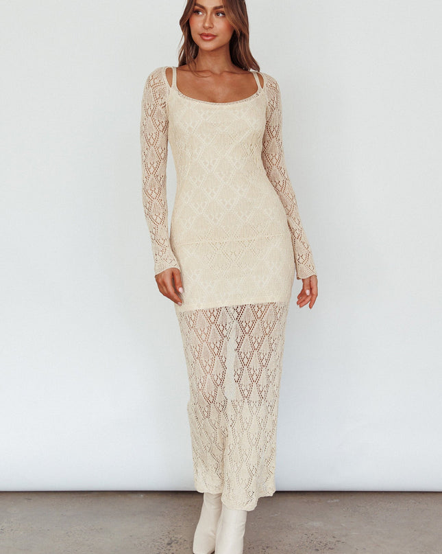 Beige Long Sleeve Crochet Midi Dress