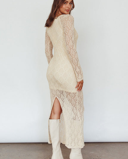 Beige Long Sleeve Crochet Midi Dress