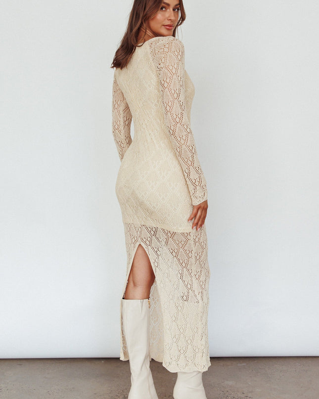 Beige Long Sleeve Crochet Midi Dress