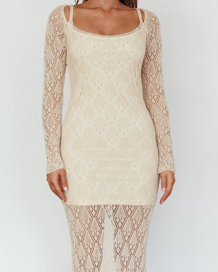 Beige Long Sleeve Crochet Midi Dress