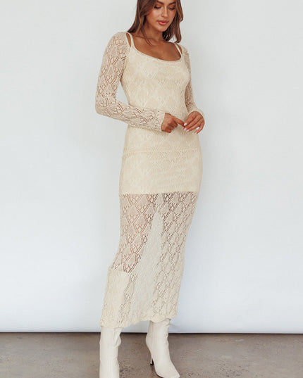 Beige Long Sleeve Crochet Midi Dress