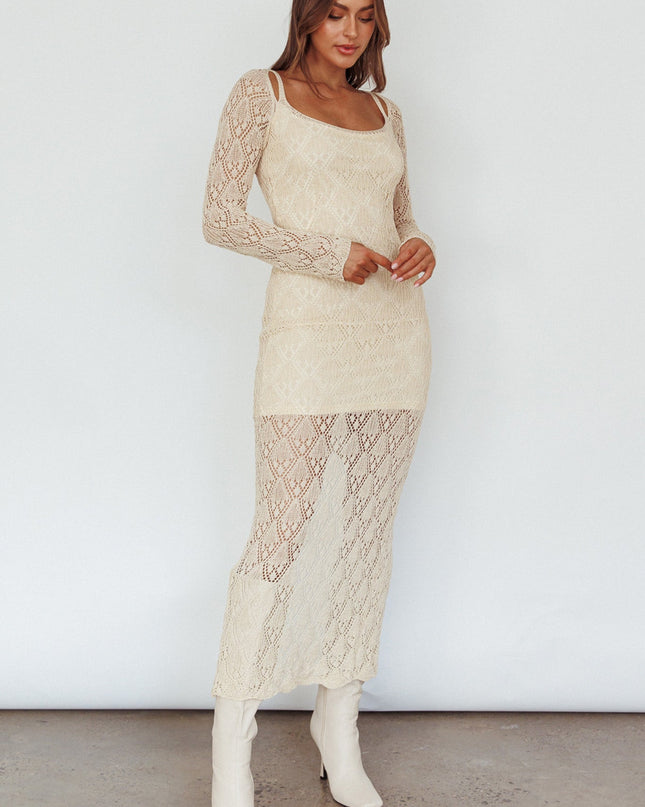 Beige Long Sleeve Crochet Midi Dress