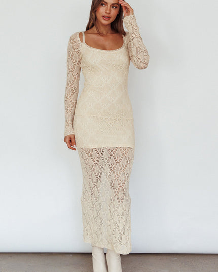 Beige Long Sleeve Crochet Midi Dress