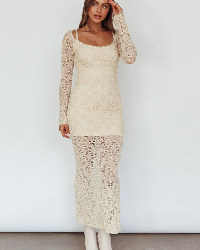 Beige Long Sleeve Crochet Midi Dress