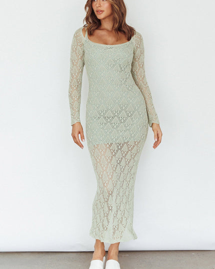 Sage Long Sleeve Crochet Midi Dress